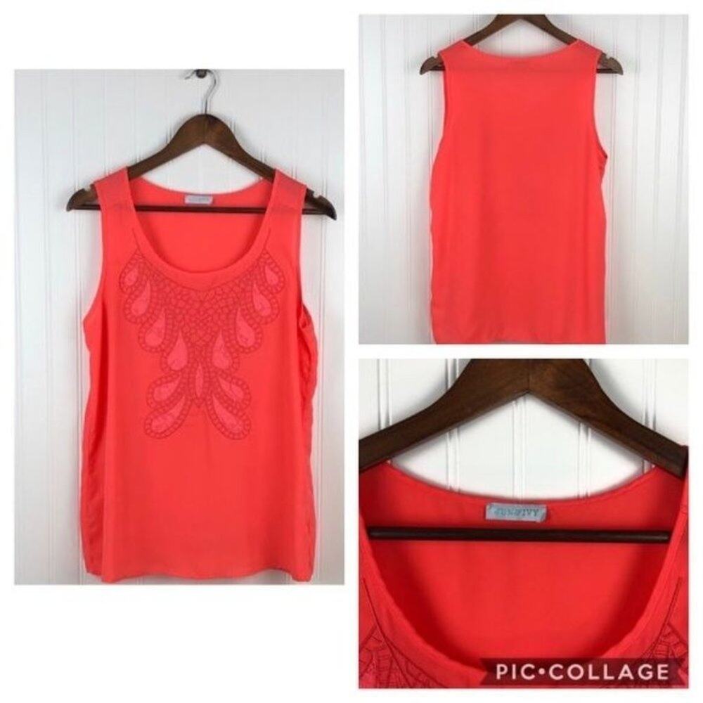 Jun‎ & Ivy Embroidered Tank Top Womens M Coral Pink Scoop Neck Sleeveless